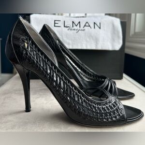Vintage Elman Venezia Black Crocodile and Leather Peep-Toe Heels